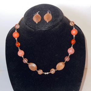 Orange Beaded Marble Necklace & Earrings